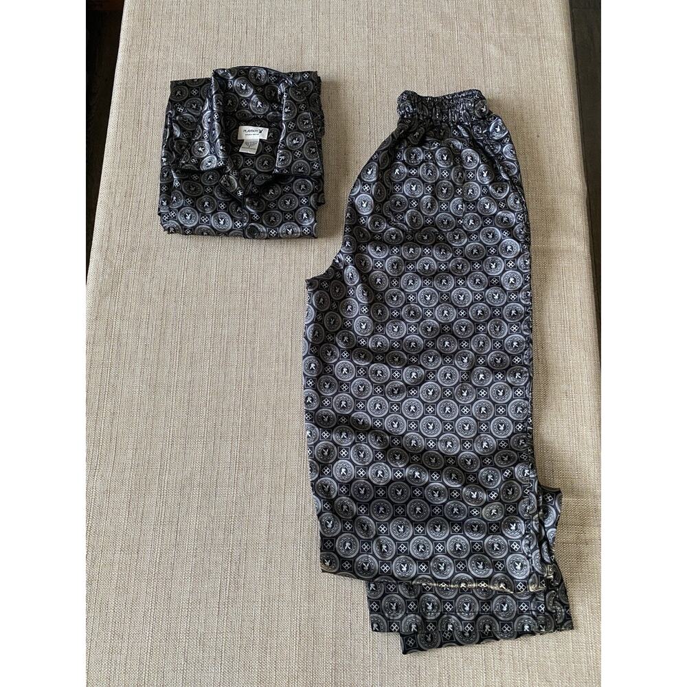 Vintage 90s Playboy Satin Bunny Print Pajama Lounge Set Hugh Hefner Size S